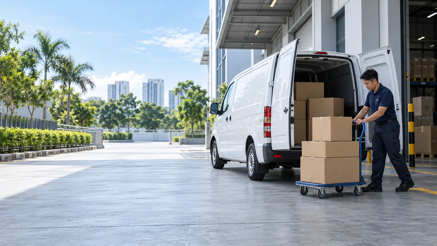 Unbranded commercial van being loaded with cartons at a Singapore-style business facility